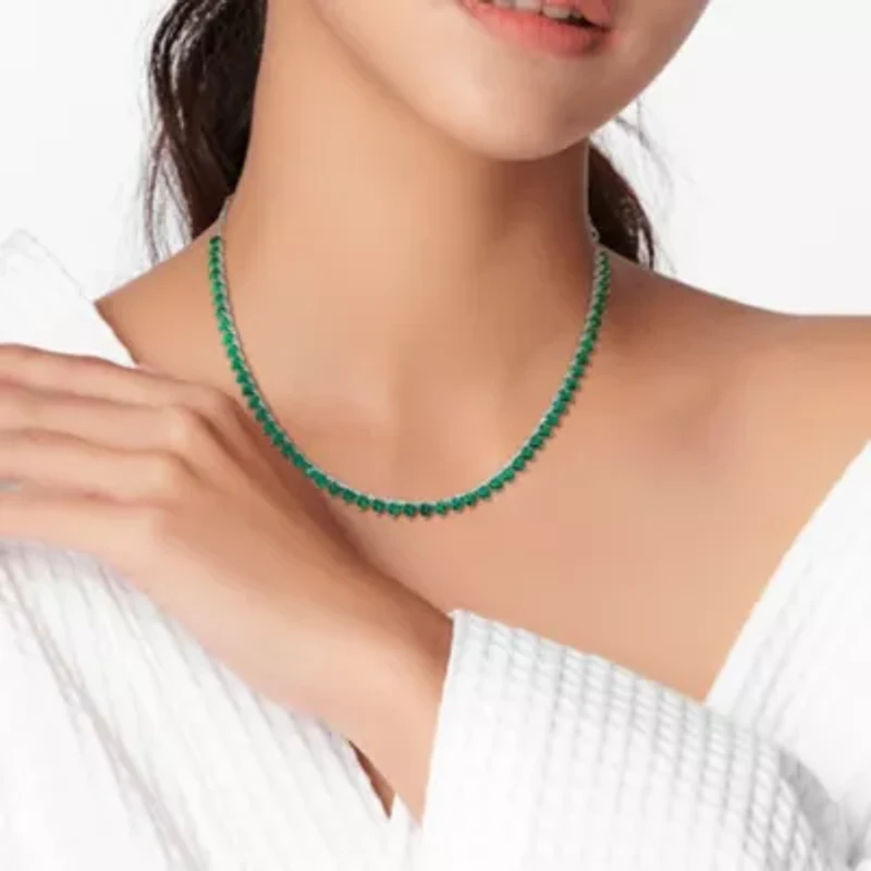 Lab Created Created Emerald Classic Tennis Necklace in Sterling Silver
