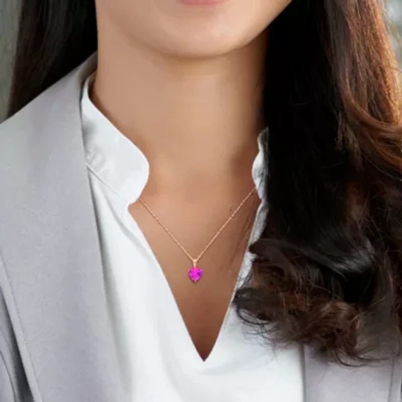 Lab Created Created Pink Sapphire Solitaire Heart Design Pendant with Chain in Rose Plated Sterling Silver
