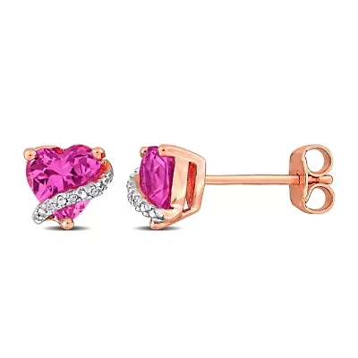 Lab Created Created Pink Sapphire and Diamond Accent Heart Stud Earrings in Rose Plated Sterling Silver