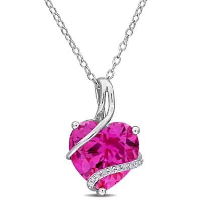 Lab Created Created Pink Sapphire and Diamond Accent Heart Wrapped Pendant with Chain in Sterling Silver