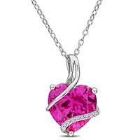 Lab Created Created Pink Sapphire and Diamond Accent Heart Wrapped Pendant with Chain in Sterling Silver
