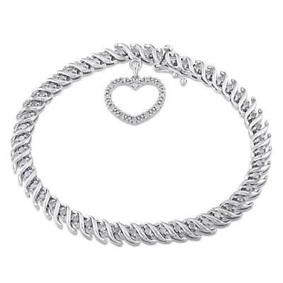1 ct. t.w. Diamond Tennis Bracelet with Heart Charm in Sterling Silver, 7"