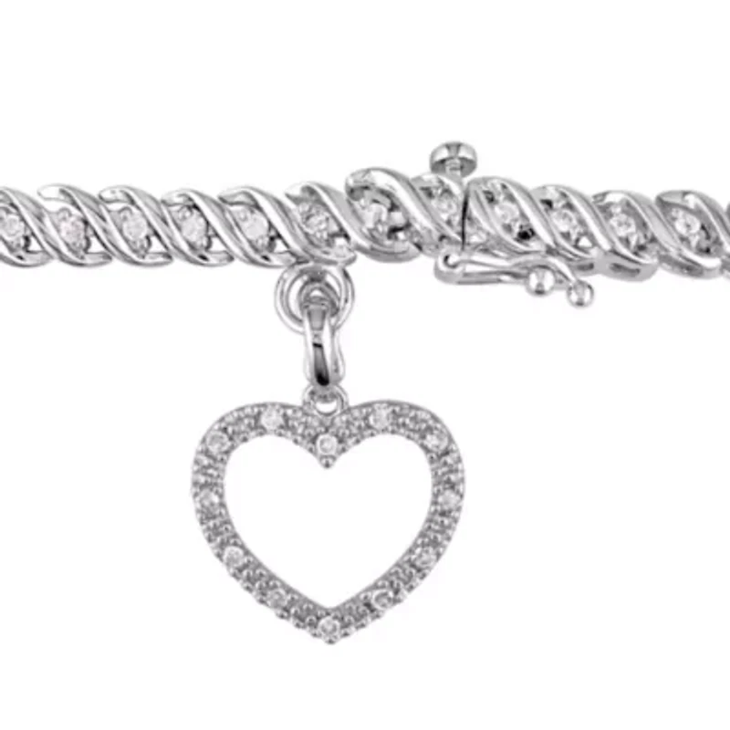 1 ct. t.w. Diamond Tennis Bracelet with Heart Charm in Sterling Silver, 7"