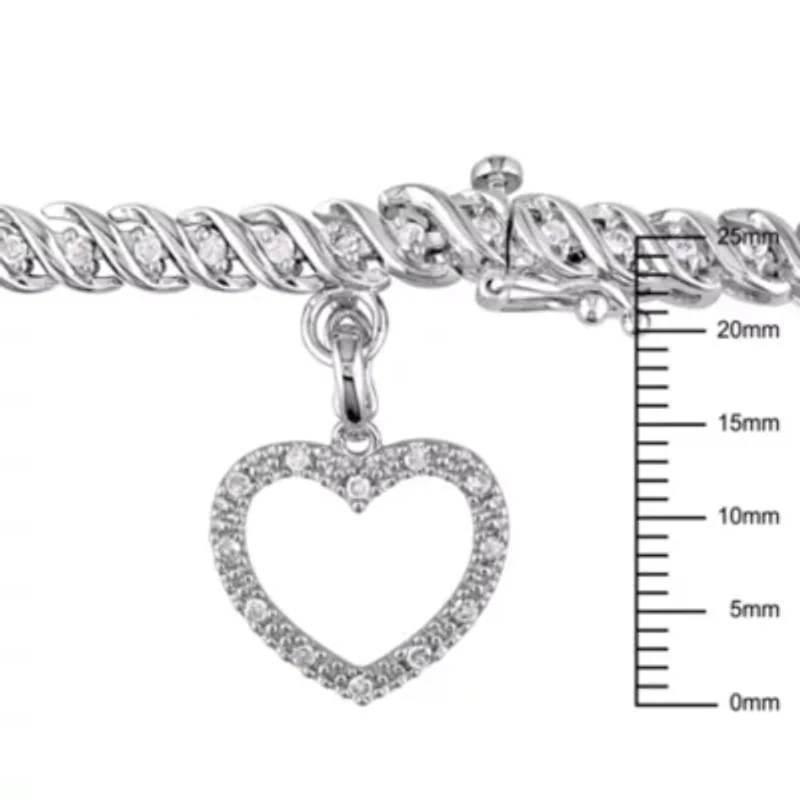1 ct. t.w. Diamond Tennis Bracelet with Heart Charm in Sterling Silver, 7"