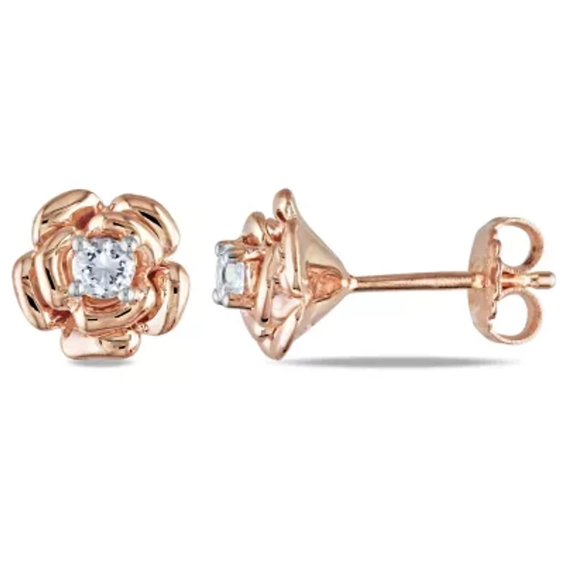 Lab Created Created White Sapphire Flower Stud Earrings in Rose Plated Sterling Silver