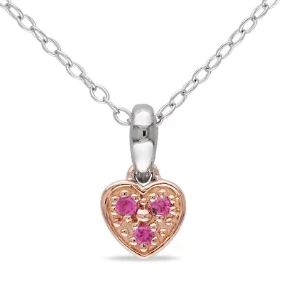 Lab Created Created Pink Sapphire Accent Trillium Heart Child's Pendant with Chain in 2-Tone Sterling Silver, 18"