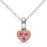 Lab Created Created Pink Sapphire Accent Trillium Heart Child's Pendant with Chain in 2-Tone Sterling Silver, 18"