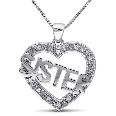 Diamond Accent Heart "Sister" Pendant with Chain in Sterling Silver, 18"
