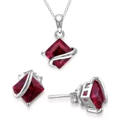 Lab Created 2-Pc Set of Created Ruby Wave Stud Earrings and Pendant with Chain in Sterling Silver