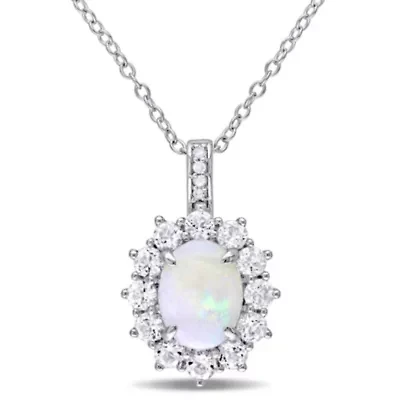 Opal, White Topaz & Diamond Pendant with Chain