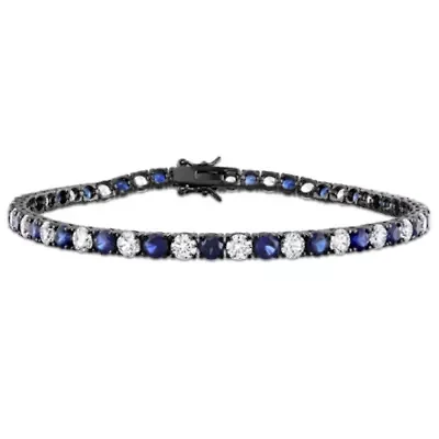 Lab Created Created Blue and White Sapphire Men's Bracelet in Black Rhodium Plated Sterling Silver, 9"
