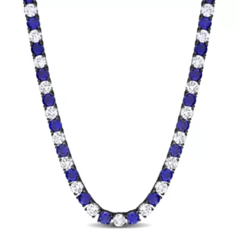 Created White and Blue Sapphire Men's Tennis Necklace in Black Rhodium Plated Sterling Silver