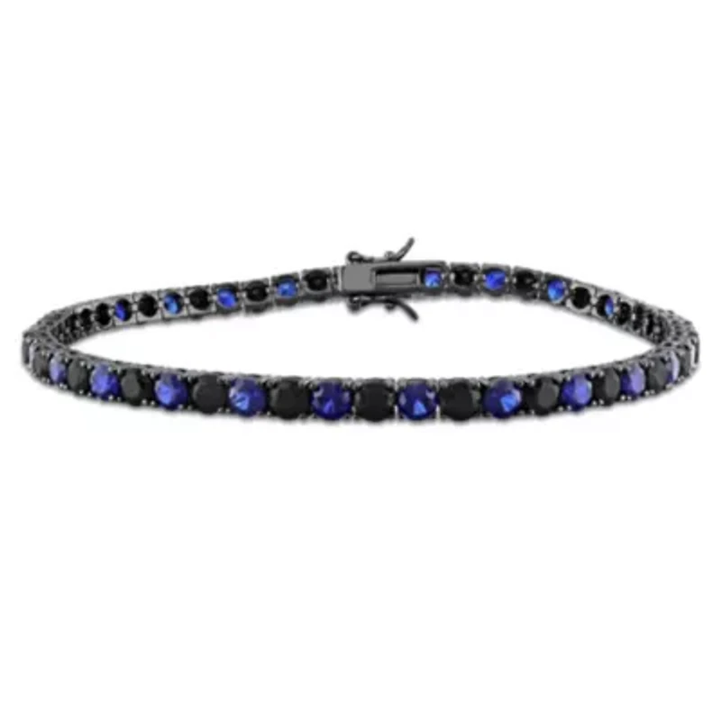 Lab Created Created Blue and Sapphire Men's Bracelet in Black Rhodium Plated Sterling Silver