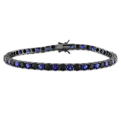 Lab Created Created Blue and Sapphire Men's Bracelet in Black Rhodium Plated Sterling Silver