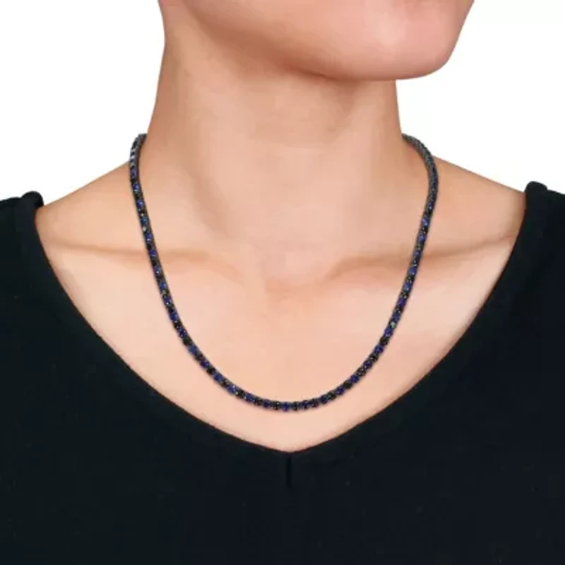 Created Blue and Black Sapphire Men's Tennis Necklace in Black Rhodium Plated Sterling Silver, 20"