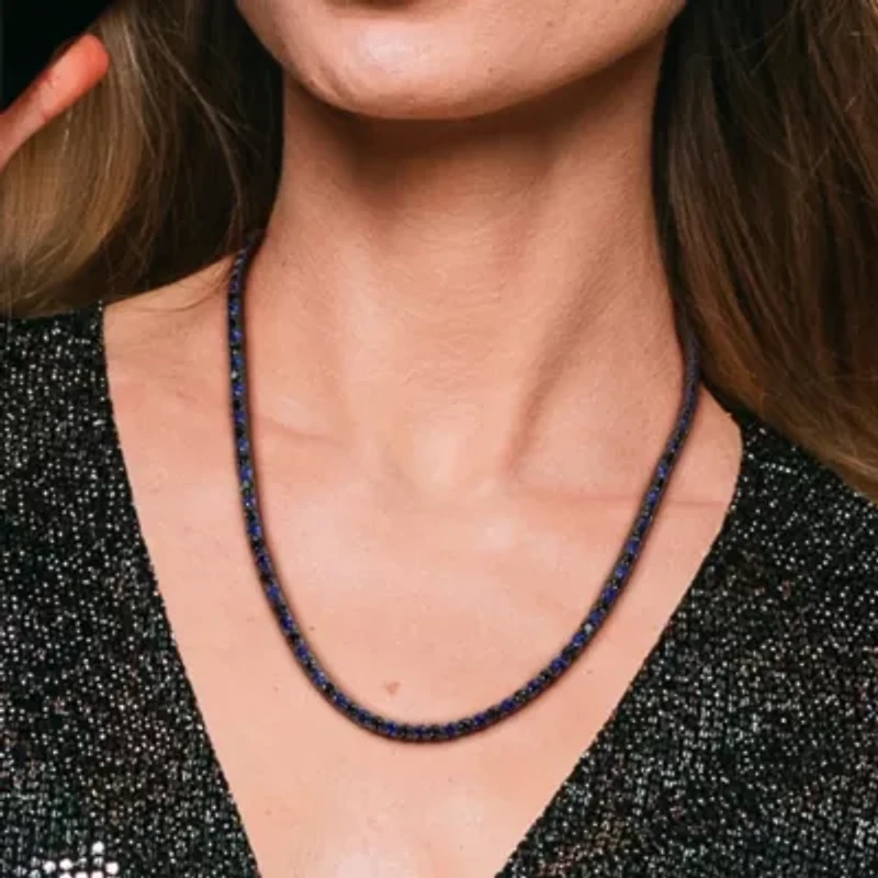 Created Blue and Black Sapphire Men's Tennis Necklace in Black Rhodium Plated Sterling Silver, 20"