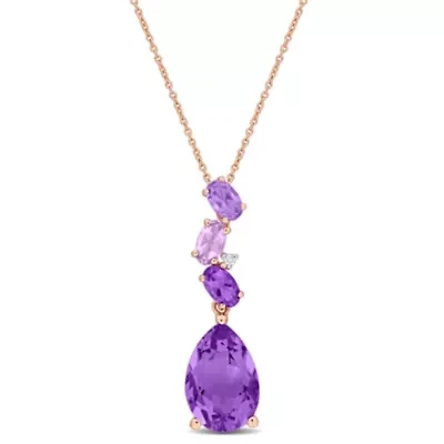 Amethyst and Rose de France Drop Pendant with Chain in 10K Pink Gold, 17"