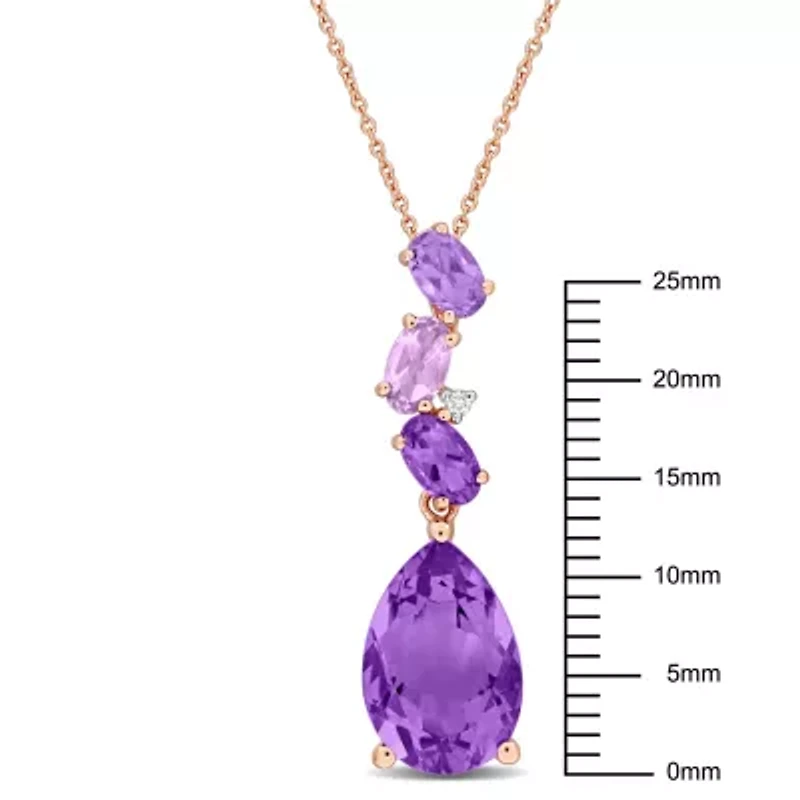 Amethyst and Rose de France Drop Pendant with Chain in 10K Pink Gold, 17"