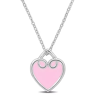 Pink Enamel Heart Pendant with Chain in Sterling Silver, 17"