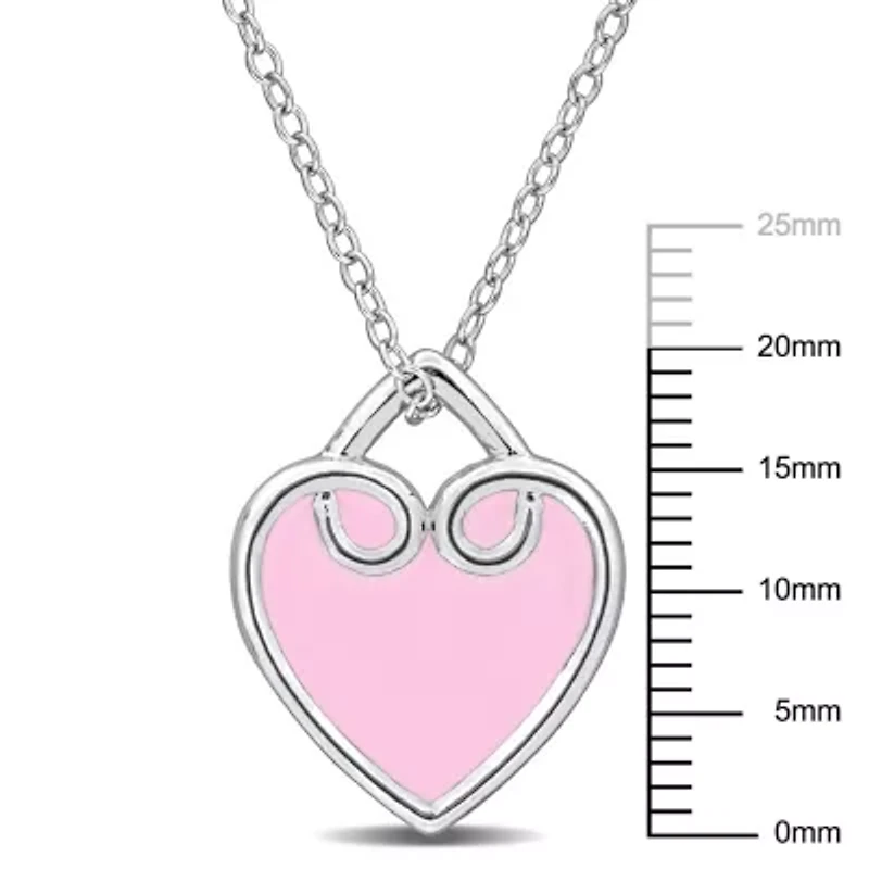 Pink Enamel Heart Pendant with Chain in Sterling Silver, 17"