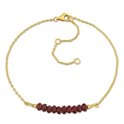 Garnet Bead Bracelet in Yellow Plated Sterling Silver, 7"+2"