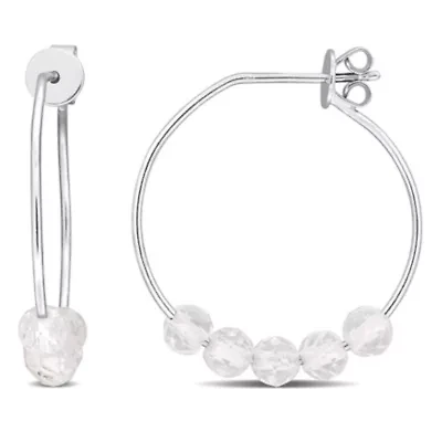 White Topaz Bead Hoop Earrings in Sterling Silver