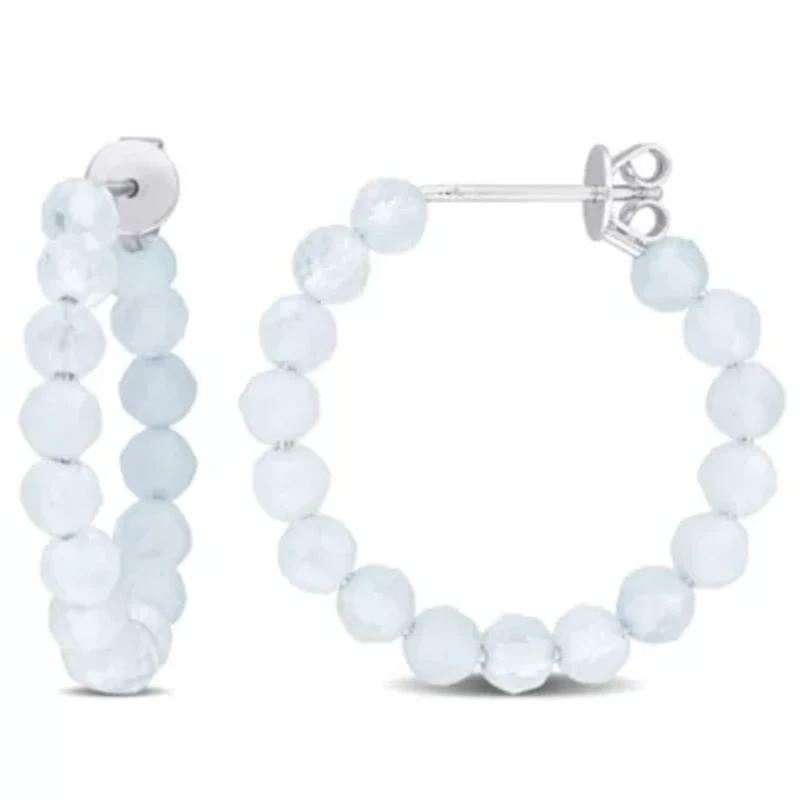 Aquamarine Beaded Hoop Earrings in Sterling Silver