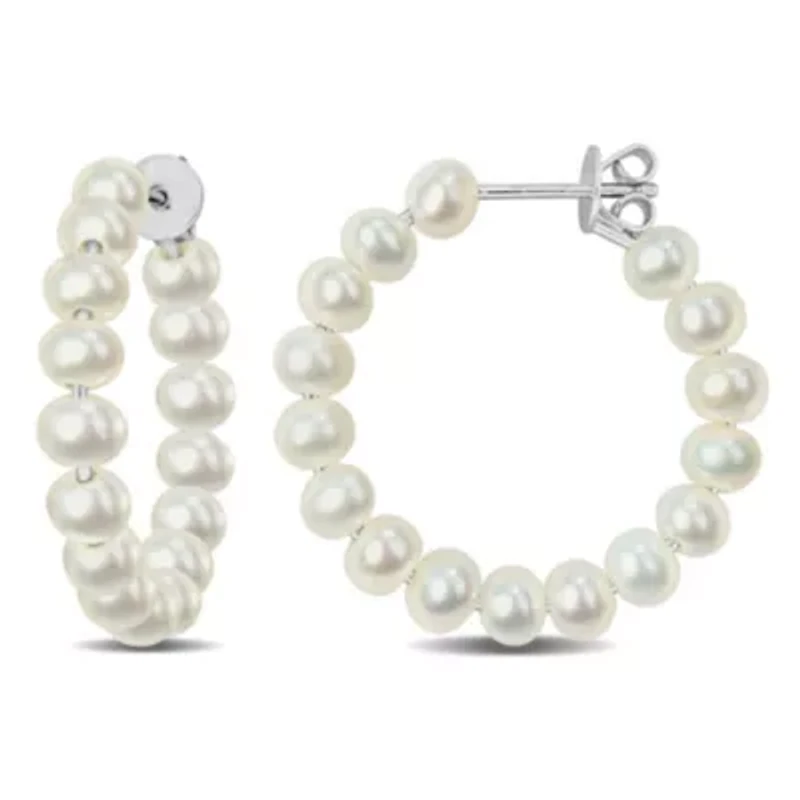 3.5-4.5MM Freshwater Cultured Pearl Hoop Earrings in Sterling Silver