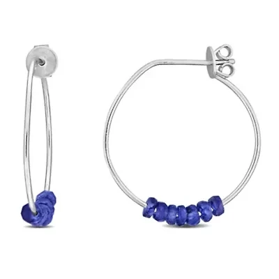 Blue Sapphire Bead Hoop Earrings in Sterling Silver