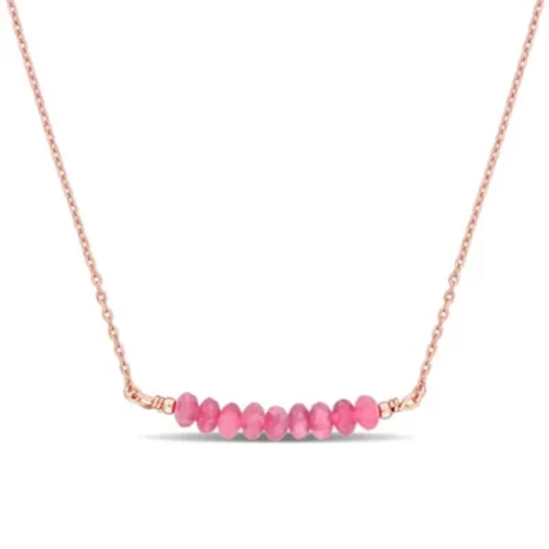 Pink Tourmaline Bead Necklace in Rose Plated Sterling Silver, 16.5"+2"