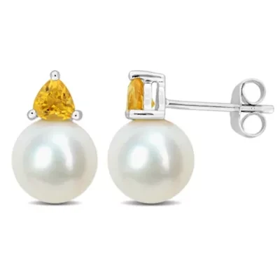 Freshwater Cultured Pearl and Citrine Stud Earrings in 10K White Gold