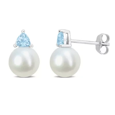 Freshwater Cultured Pearl and Sky Blue Topaz Stud Earrings in 10K White Gold