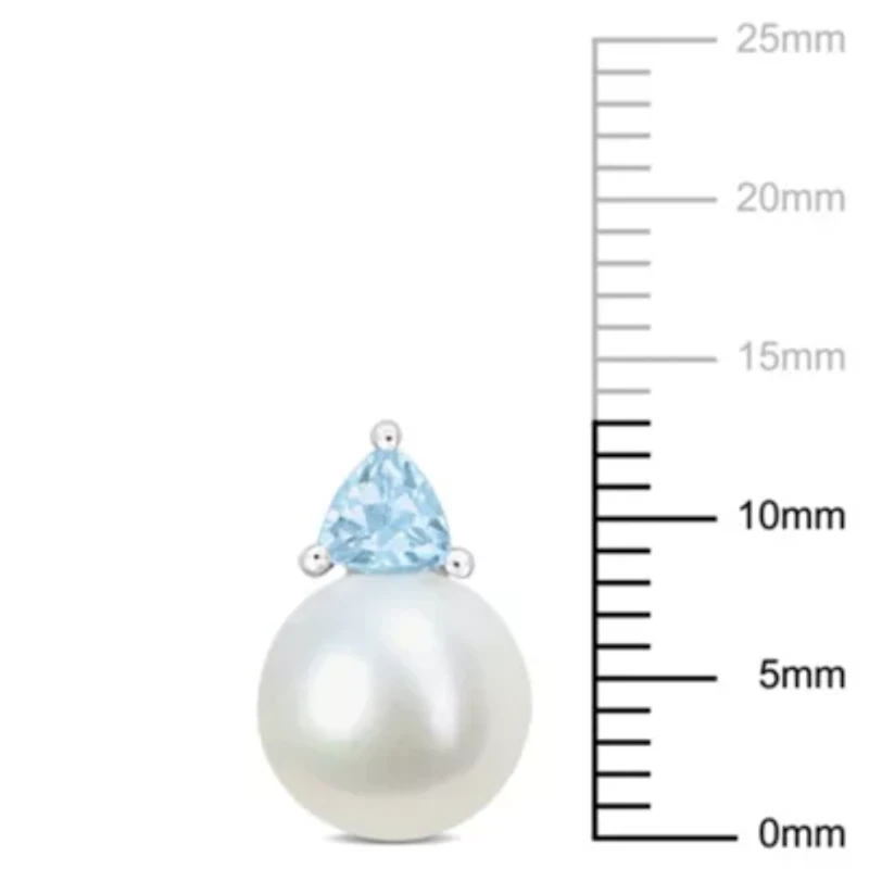 Freshwater Cultured Pearl and Sky Blue Topaz Stud Earrings in 10K White Gold