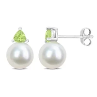 Freshwater Cultured Pearl and Peridot Stud Earrings in 10K White Gold