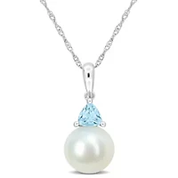 Freshwater Cultured Pearl and Sky Blue Topaz Pendant with Chain in 10K White Gold