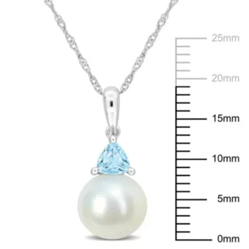 Freshwater Cultured Pearl and Sky Blue Topaz Pendant with Chain in 10K White Gold