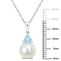 Freshwater Cultured Pearl and Sky Blue Topaz Pendant with Chain in 10K White Gold