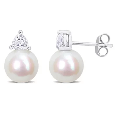 Lab Created Freshwater Cultured Pearl and Created White Sapphire Stud Earrings in 10K White Gold