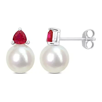 Lab Created Freshwater Cultured Pearl and Created Ruby Stud Earrings in 10K White Gold