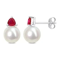Lab Created Freshwater Cultured Pearl and Created Ruby Stud Earrings in 10K White Gold