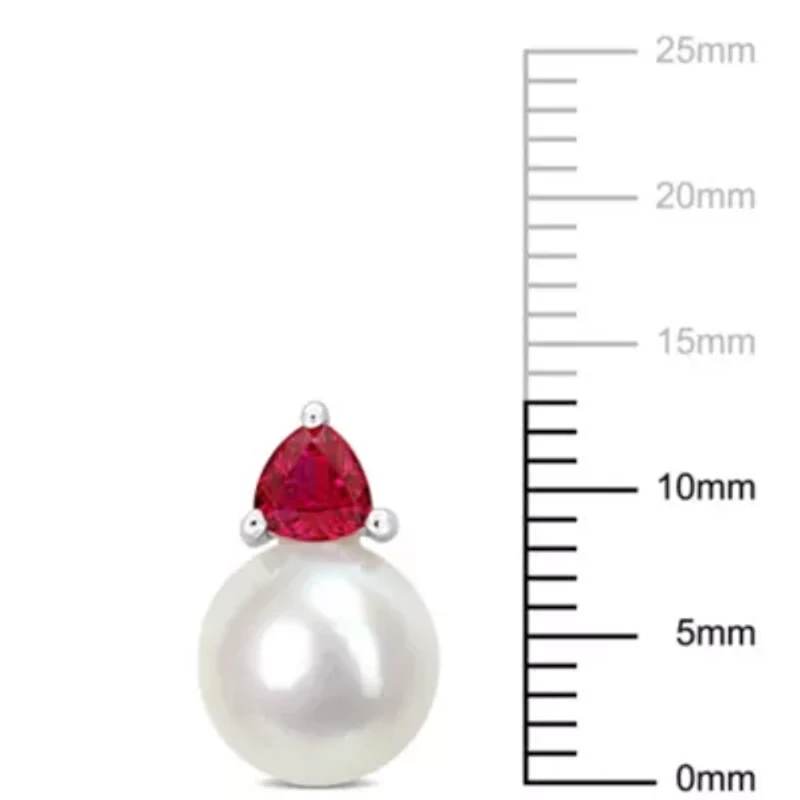 Lab Created Freshwater Cultured Pearl and Created Ruby Stud Earrings in 10K White Gold