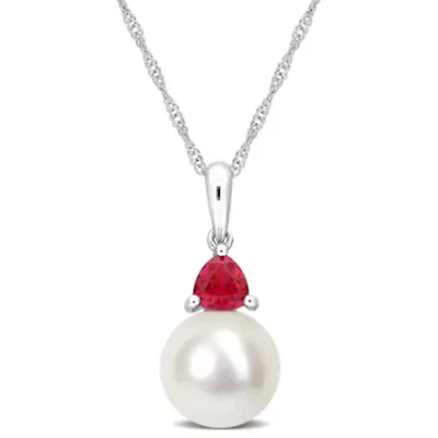 Lab Created Freshwater Cultured Pearl and Created Ruby Pendant with Chain in 10K White Gold