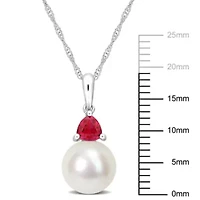 Lab Created Freshwater Cultured Pearl and Created Ruby Pendant with Chain in 10K White Gold