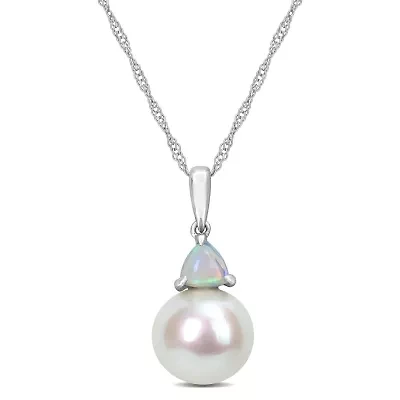 Freshwater Cultured Pearl and Ethiopian-Opal Pendant with Chain in 10K White Gold