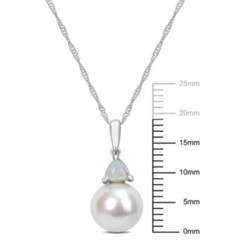 Freshwater Cultured Pearl and Ethiopian-Opal Pendant with Chain in 10K White Gold