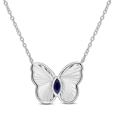 Lab Created Created Blue Sapphire Butterfly Necklace in Sterling Silver, 17"