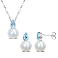 2-Pc Set of Freshwater Cultured Pearl and Sky Blue Topaz Stud Earrings and Pendant with Chain in Sterling Silver