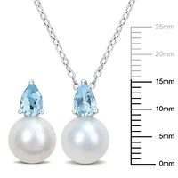 2-Pc Set of Freshwater Cultured Pearl and Sky Blue Topaz Stud Earrings and Pendant with Chain in Sterling Silver