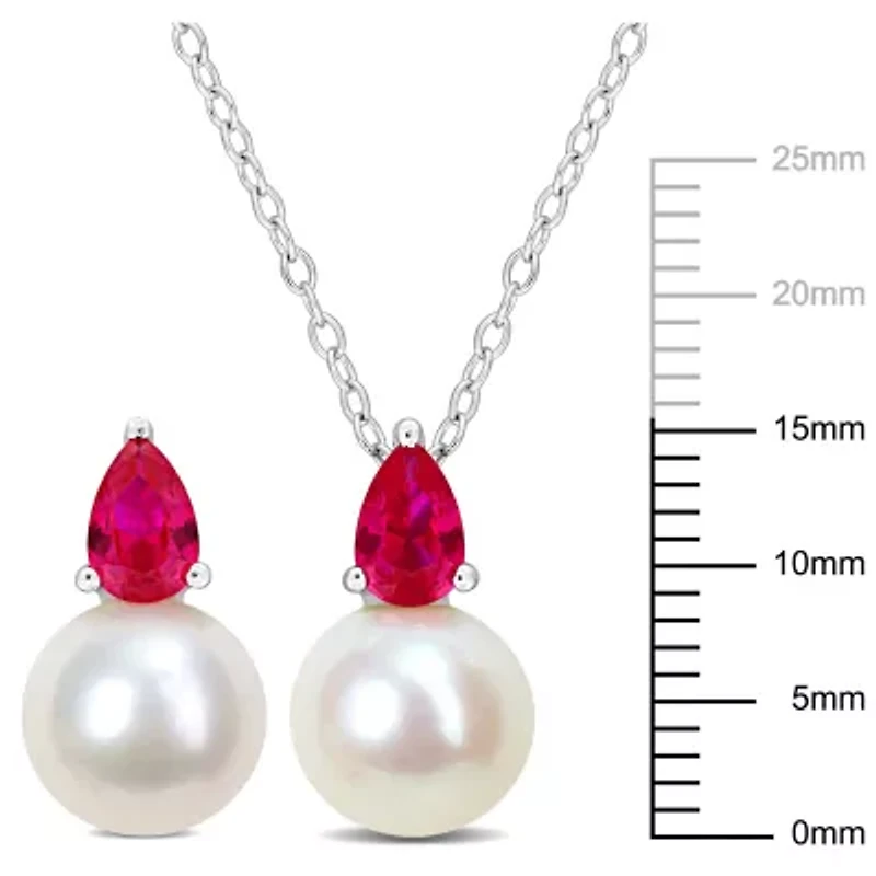 Lab Created 2-Pc Set of Freshwater Cultured Pearl and Created Ruby Stud Earrings and Pendant with Chain in Sterling Silver