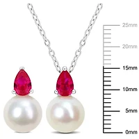 Lab Created 2-Pc Set of Freshwater Cultured Pearl and Created Ruby Stud Earrings and Pendant with Chain in Sterling Silver